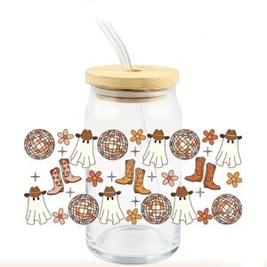 NEW! Halloween Ghost, cowboy boots and disco balls 16oz Glass Tumbler